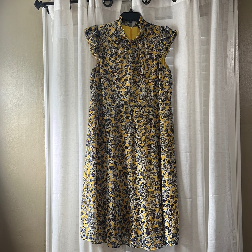 ILE [I LE] New York Yellow Midi Ruffle Sleeves and Collar Dress Sz 12
